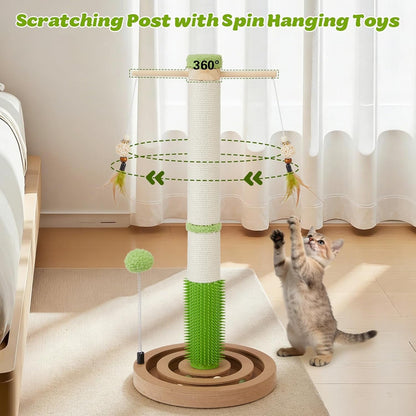 Cat Scratching Post, 26" Tall Scratch Post with Hanging Toy for Indoor Cats | Sisal Cat Scratcher Post with Grooming Brush, Double-Layer Interactive Wooden Ball Track, for Small Cats and Kittens Play5