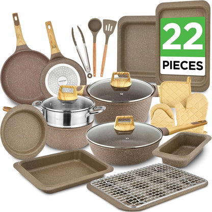 22-Piece Marble Non-Stick Cookware and Bakeware Set - Professional Home Kitchen Collection with Multi-Sized Pots, Pans, and Heat-Resistant Tools1