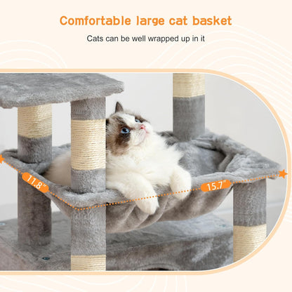 Heybly Cat Tree, Kitten Tower with Large Soft Cat Basket,Cat Condo with Spacious Cat Bed Cave with Hidden Space，Sisal-Covered Scratching Posts,Dangling Ball for Indoor Cats, Light Gray HCT008SW5