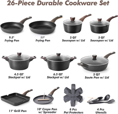 Pots and Pans Set Non Stick, Non Toxic Healthy Induction Cookware Sets, 26 Pcs Nonstick Kitchen Cooking Set, W/Frying Pans Set, Saucepans Set, Stockpots Set, PFOA PFOS Free, Black3