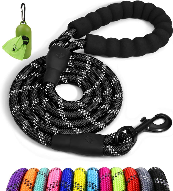 Taglory Rope Dog Leash for Medium Large Dogs, 6 FT Padded Handle, Black | Climbing Rope for Strong Pullers, Reflective for Night Walks and Training, Comfortable Grip, Anti-Tangle Swivel Clip 1/2 Inch1