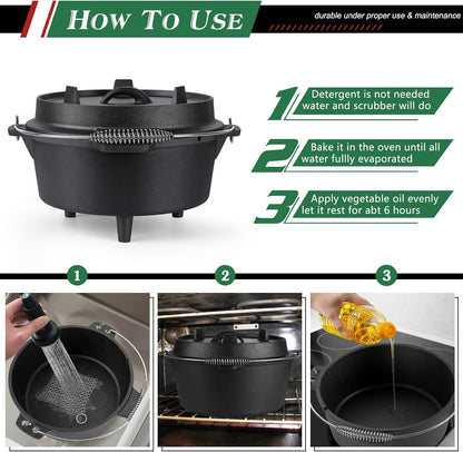 5QT Cast Iron Dutch Oven with Stainless Steel Scrubber,  2-In-1 Pre-Seasoned Camping Pot, Heavy Duty Campfire Pot with Feet for Outdoor Stovetop Griddle Cooking Baking Roasting Stewing8