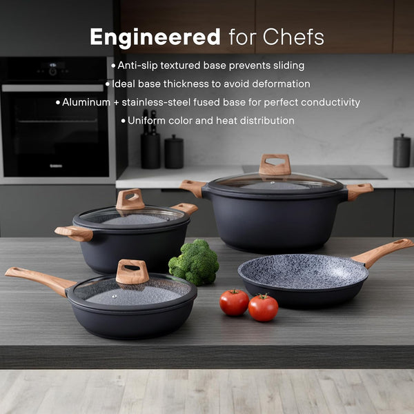 10Pcs Pots and Pans Set Nonstick with Wood Handles, Granite Cookware Set, Frying Pan, Saucepan and 3 Cooking Utensils5