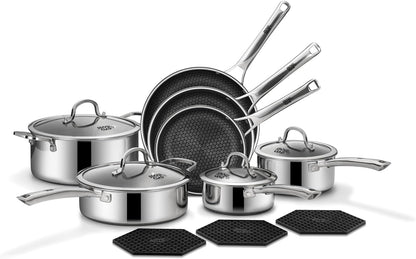 Pots and Pans Set Non Stick | Stainless Steel Kitchen Cookware | 14 Pcs | PFOA Free | Hybrid | Induction Compatible | Frying Skillet, Saucepans, Saute Pan & Stock Pot1