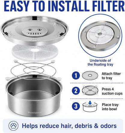 Dog Water Bowl No Spill, 3L/101Oz Stainless Steel Slow Feeder Dog Bowl with Floating Disk, Spill Proof Dog Water Bowl Dispenser for Messy Drinkers, anti Splash Large Dog Bowl with Filter5