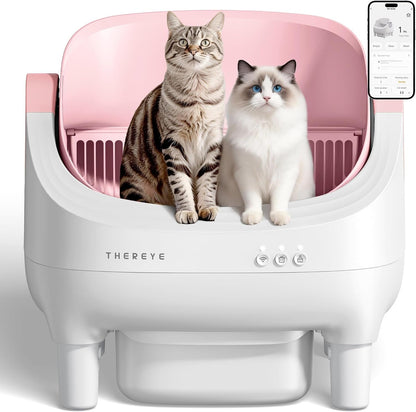 Thereye Self Cleaning Cat Litter Box, Open-Top Automatic Litter Box with APP Control, Safety Sensor and 10L Large Waste Bin, Smart Kitty Litter Boxes with Trash Bags and Mat for Multiple Cats1