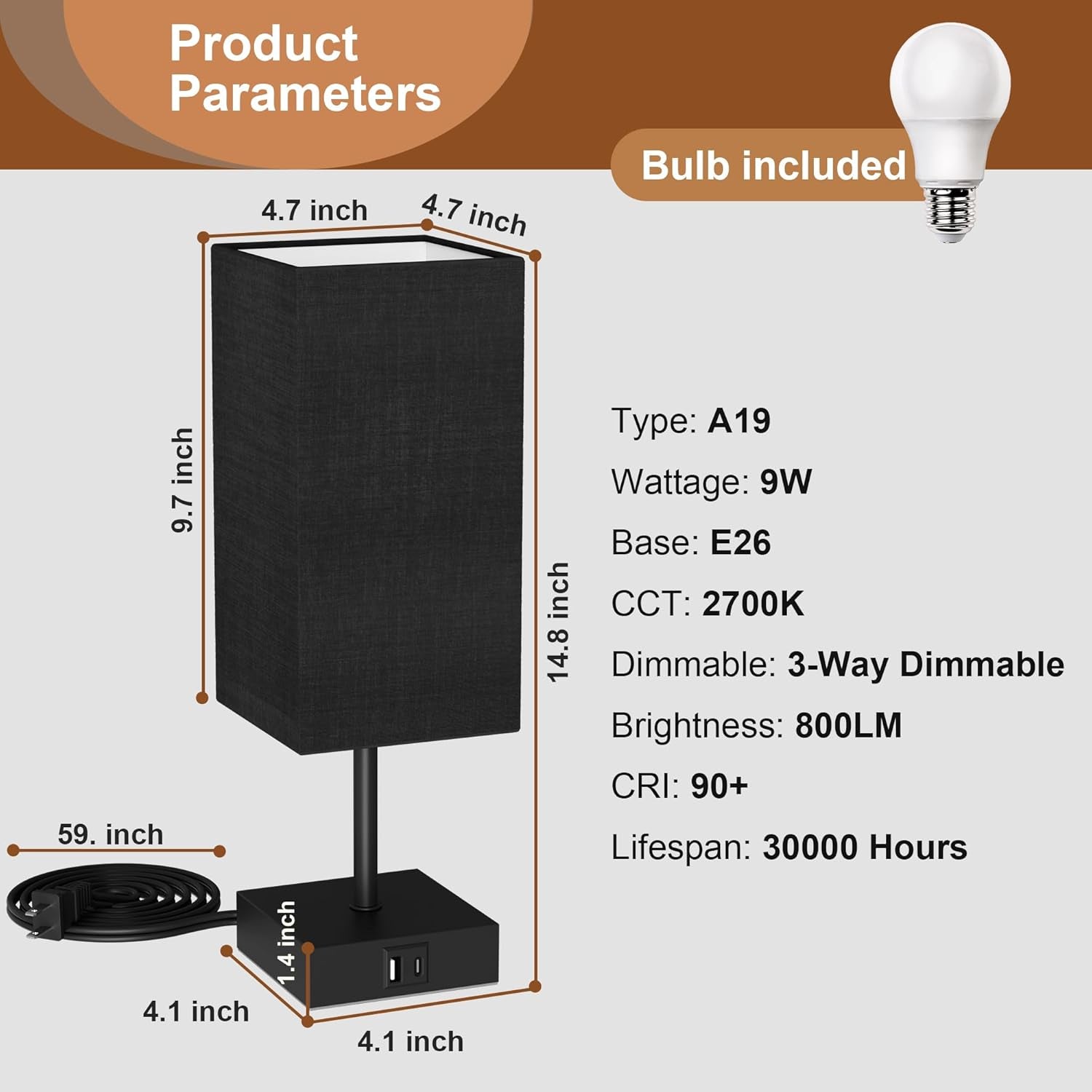 bedside-table-lamp-for-bedroom-with-2-usb-ports-14-inch-black-usb-a-c-ports-touch-3-way-dimmable-led-bulb-included-fabric-lampshade-metal-base-small-nightstand-lamp-for-desk-living-room