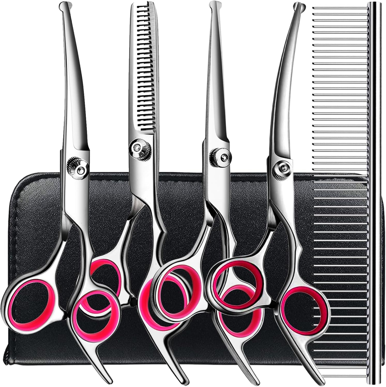 tinmarda-dog-grooming-kit-professional-stainless-steel-dog-grooming-scissors-with-curved-shears-pink-finger-rings-4-piece-sharp-durable-pet-shears-for-dogs-cats-at-home-salon-quality-grooming
