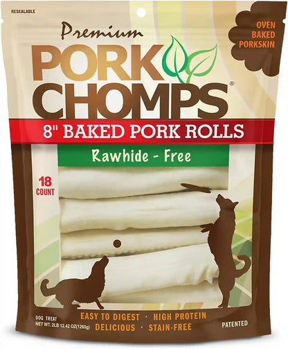 Pork Chomps Baked Pork Skin Dog Chews, 8 in Rolls, Chicken, 2 Count | Made with a Real Chicken Wrap over Oven-Baked Pork Skin - Rawhide-Free, Low in Fat, and Easy to Digest9