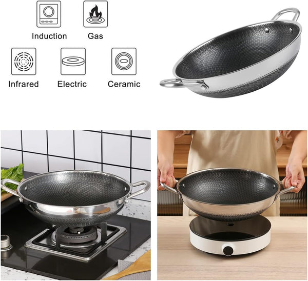 12.5Inch Stirfry Pan with Coating Stainless Steel Wok Pan with Nonstick Coating,Frying Pans, Stay-Cool Handle,Works with Gas, Electric, Ceramic Furnace Stove,Suitable for Home , Outdoor Camping5