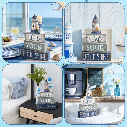 4 Pcs Lighthouse Coastal Decor Wooden Block Signs Rustic | Bathroom Tabletop Decoration for Home, Lighthouse Topper Tiered Display, Let Your Light Shine Phrase Wood Stacking Blocks4