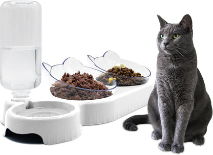 Triple Cat Bowls,15°Tilt 3-In-1 Water Feeder Bowls Cat Double Food Bowls with Automatic Water Bottle Bowl, Whisker Friendly Wet and Dry Cat Elevated Feeding Dishes for Small Cat and Puppy (Pink)12