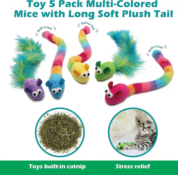 Jumpaws 5 Pack Interactive Catnip and Feather Cat Toys, Multi-Colored Mice with Long Feather Tail, Accessories for Indoor Cat, Catnip Plush Toys with Natural Feathers and Rattles4