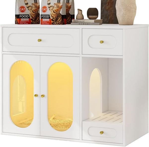 Hidden Cat Litter Box Enclosure Furniture with LED Light, Modern Litter Box Cabinet with Drawers & Acrylic Door, Multi-Entry Cat House Sideboard for Living Room, 37.4"W X 15.6"D X 31.5"H,White1