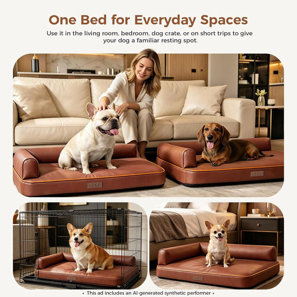 Outdoor Waterproof Dog Bed for Small Dogs, Egg Crate Foam Crate Pad with Raised Bolster, Removable Washable Leather-Look Cover, Non-Slip Bottom, Brown, for Dogs up to 20 In. Long5