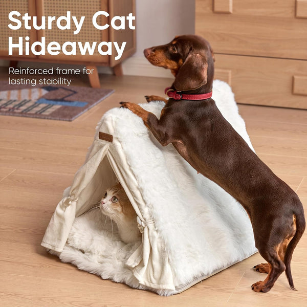 FUKUMARU Cat Cave Bed, Sturdy Frame Washable Cat Tent Bed with Curtain | Semi-Enclosed Cat Hideaway for Anxious Cats, Large Cozy Cat House for Indoor Cats, Soft Plush Covered Dog Bed, Cream3