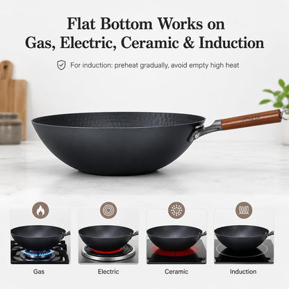 Lightweight Carbon Steel Wok Pan with Lid, 12.6" Flat Bottom Stir Fry Wok for Induction, Electric & Gas Stoves, 2.9 Lb Wok Body, Pre-Seasoned Nitrided Wok, No Chemical Coating5
