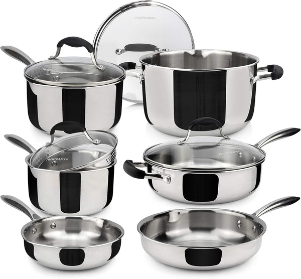 10 Piece 18/10 Stainless Steel Cookware Set | Tri-Ply Cookware, Glass Strainer Lid Included, Ergonomic Stay Cool Handles, Dishwasher Safe1