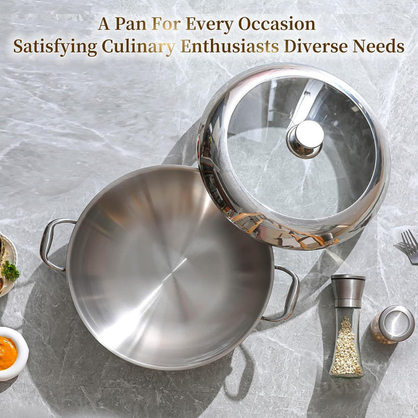 Tri-Ply Stainless Steel Wok Pan with Lid 14Inch, Healthy Non-Toxic Flat Bottom Induction Wok, Stir Fry Pan for Glass Top Stove up to 600℉(Not Including Lid4