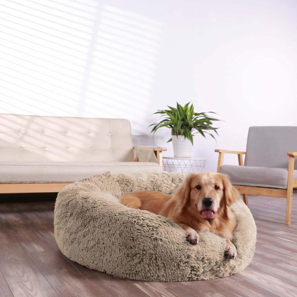 HACHIKITTY Calming Donut Cuddler Dog Bed, round Fluffy Pet Bed with Sewn-In Cushion for Large Dogs,Washable, Large, Taupe, 30''11