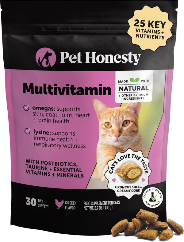 Cat Multivitamin Crunchy Creamy Chews - Daily Cat Vitamins with Lysine, Prebiotics, Omega 3 Fish Oil - Cat Treats for Immune Support, Skin Coat, Digestion, Heart + Joint Health (30-Day Supply)1
