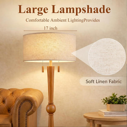 Solid Wood Floor Lamp for Living Room with Wooden Pull Chains | 62.8" Tall,Sculptural Wood Base & Stem,17" Linen Drum Shade,2-Light Standing Lamp for Bedroom & Reading Corner,Bulbs Included6
