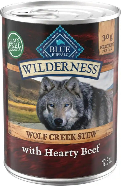 Blue Buffalo Wilderness Grain Free Adult Wet Dog Food, Wolf Creek Stew with Hearty Beef, 30G Protein per Can, 12.5 Oz. Can (Pack of 12)1