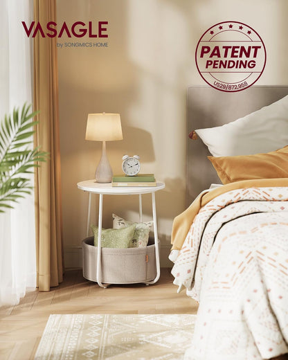 VASAGLE LILEA Collection - Small round Side End Table, Modern Nightstand with Fabric Basket, Matte White and Camel Brown ULET223W104
