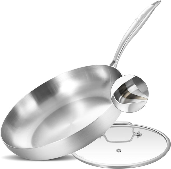 12-Inch Stainless Steel Frying Pan with Lid | PFOA & PTFE Free Skillet | Tri-Ply Stainless Steel | Fast & Even Heating | Stay-Cool Detachable Handle | Dishwasher & Oven Safe | Induction Ready1