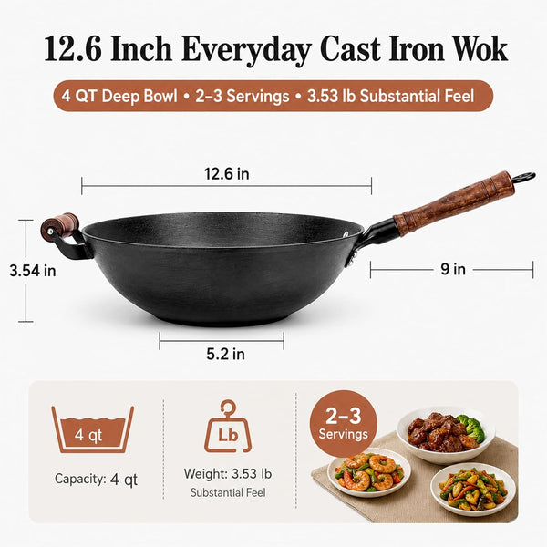 12.6 Inch Cast Iron Wok with Wooden Lid, Handcrafted Flat Bottom Chinese Stir Fry Pan, Uncoated Heavy-Duty Iron Wok for Induction, Gas, Electric & Ceramic Stoves | Uncoated Cast Iron Wok with Wood Lid for Induction, Gas and Electric Stoves; Season before Use.3