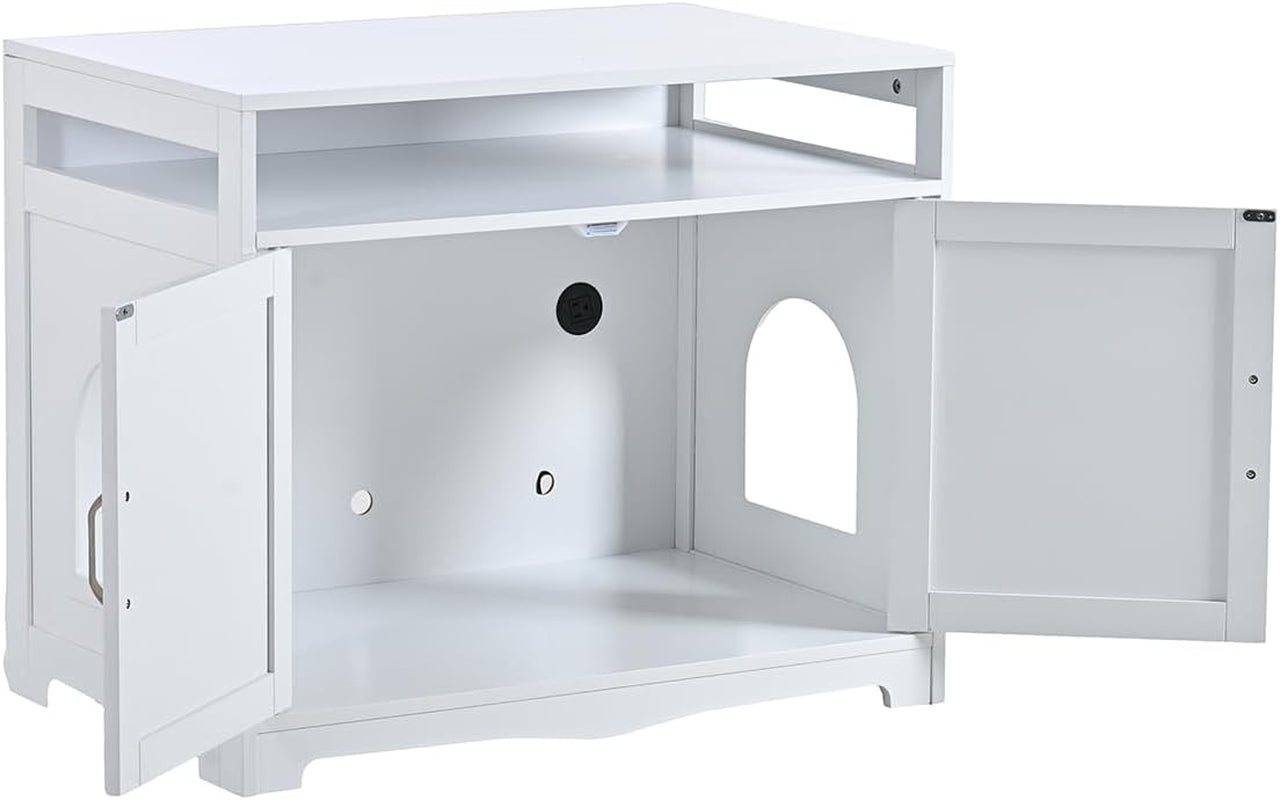 31-5-l-white-cat-litter-box-enclosure-with-hidden-plug-2-doors-indoor-large-cat-washroom-storage-bench-side-table