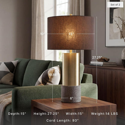 Signature Design by Ashley Jacek Contemporary Table Lamp Set of 2 | Textured Faux Concrete and Brass-Finished Metal, Black Drum Shade with Goldtone Foil Interior, Living Room and Bedside Use2