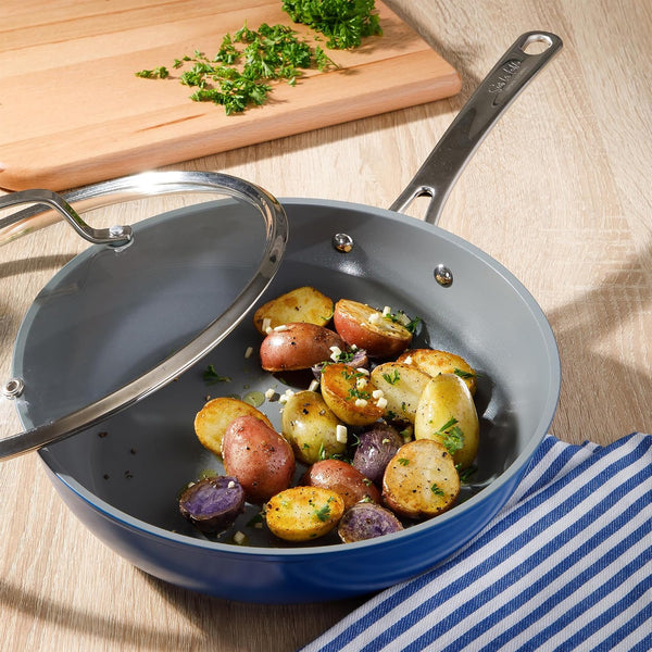 Sur La Table Kitchen Essentials Cool Commune Hard Anodized 10 Piece PFA Free Ceramic Non Stick Interior Forged Durable Aluminum Pots and Pans Cookware Set - Blue - Induction Compatible6