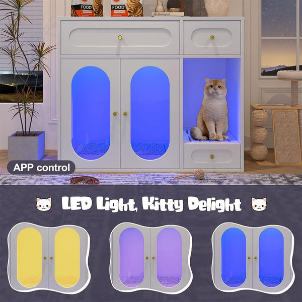 Hidden Cat Litter Box Enclosure Furniture with LED Light, Modern Litter Box Cabinet with Drawers & Acrylic Door, Multi-Entry Cat House Sideboard for Living Room, 37.4"W X 15.6"D X 31.5"H,White6