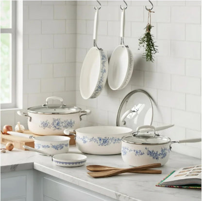 Pioneer Woman Style Agatha 12-Piece Aluminum & Ceramic Classic Cookware Set Blue2