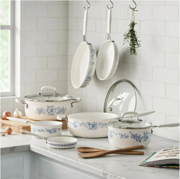 Pioneer Woman Style Agatha 12-Piece Aluminum & Ceramic Classic Cookware Set Blue2