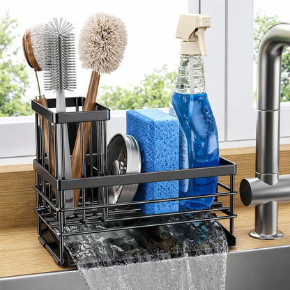 Sink Caddy Sponge Holder for Kitchen with Brush Holder and Stainless Steel Self Drain Tray, Rustproof Kitchen Sink Organizer for Sponge, Soap Dispenser Storage Accessories1