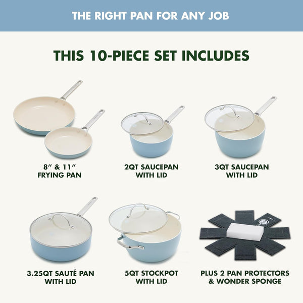 Padova Pro 10 Piece Cookware Pots and Pans Set, Hard Anodized Healthy Ceramic Nonstick PFOA and Pfas-Free, Induction Suitable, Stainless Steel Handles, Dishwasher and Oven Safe, Blue Haze3