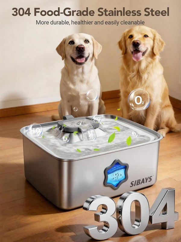 SIBAYS 4Gal/15L Dog Water Fountain, Stainless Steel Pet Water Fountain with Water Level Window & LED Light, Quiet Automatic Dog Water Bowl Dispenser for Large Dogs & Multi-Pet, Easy to Clean FS813