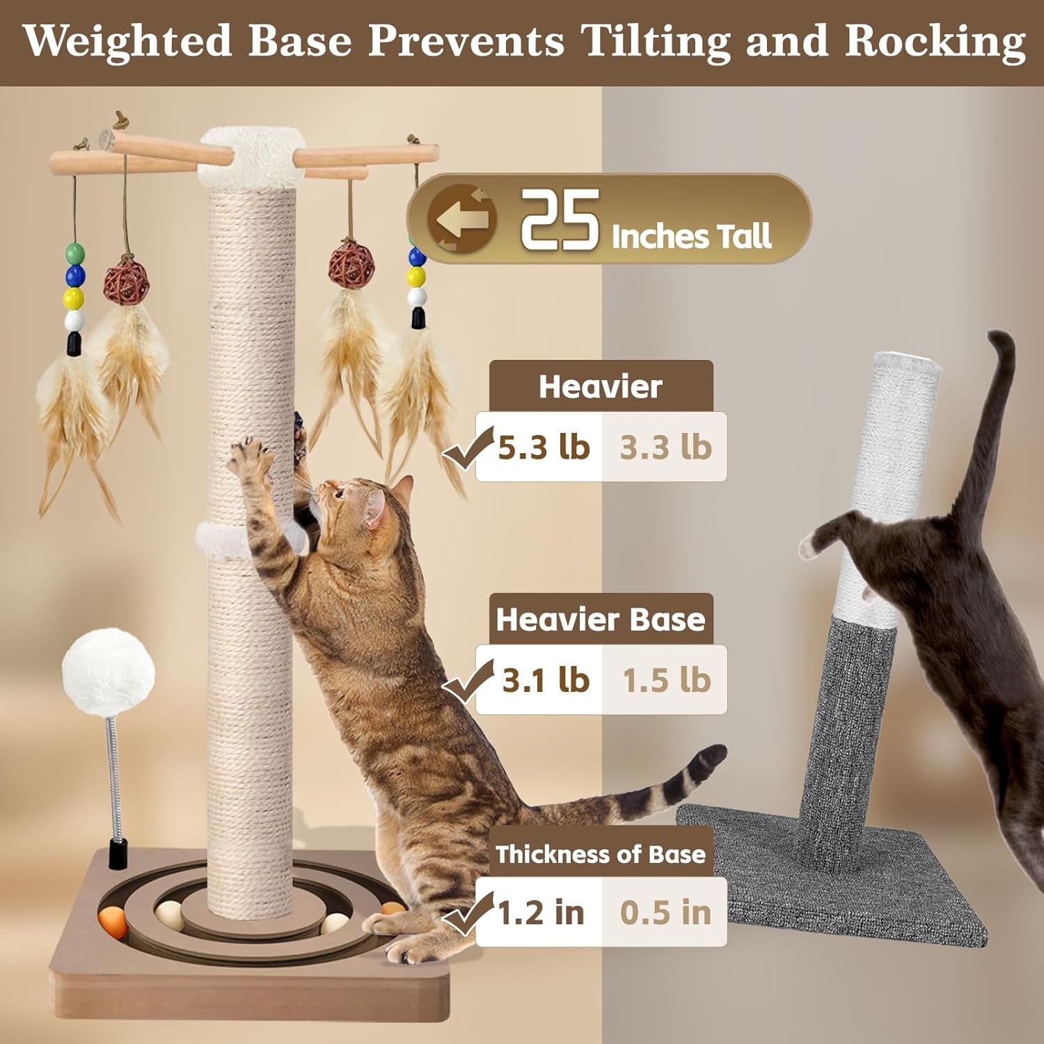 paroto-cat-scratching-post-sisal-cat-tree-tower-scratcher-for-indoor-cats-adults-with-interactive-toys-double-ball-track-2-mounting-methods-25-inches