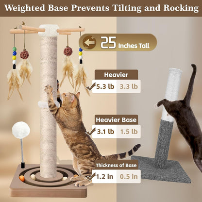 PAROTO Cat Scratching Post, Sisal Cat Tree Tower Scratcher for Indoor Cats Adults with Interactive Toys, Double Ball Track, 2 Mounting Methods, 25 Inches2