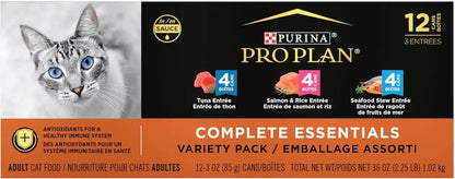 Purina Pro Plan High Protein Wet Cat Food Variety Pack, Complete Essentials Seafood Favorites - (2 Packs of 12) 3 Oz. Cans1