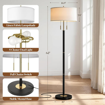 2-Light Mid Century Modern Floor Lamp, Standing Lamp with Fabric Shade and Pull Chain Switch, Tall Floor Lamp for Living Room, Bedroom,Office Corner (Black, 2X 3CCT Bulb Included)2