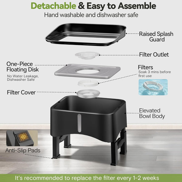 UPSKY 2.9Gal No Spill Dog Water Bowl, 4 Height Adjustable Elevated Bowl with Slow Drinking Feeder for Senior Dogs, Anti-Splash Floating Disk & Filter, Large Capacity for Large Dogs & Multi-Pet Homes8