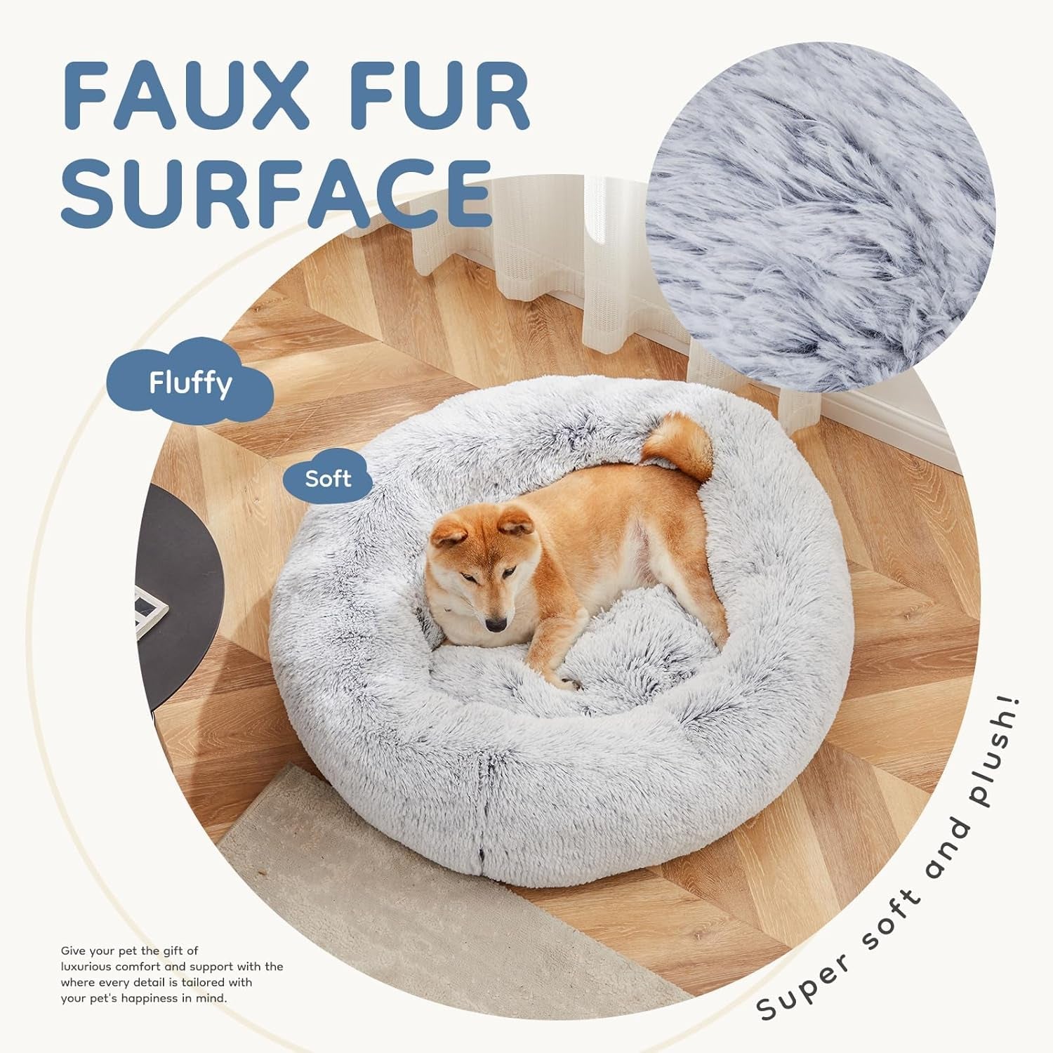 dumos-30-7-inch-donut-dog-bed-faux-fur-plush-grey-machine-washable-cuddler-warming-cozy-fluffy-faux-fur-plush-round-pet-bed-anti-slip-bed-for-indoor-dogs-and-cats