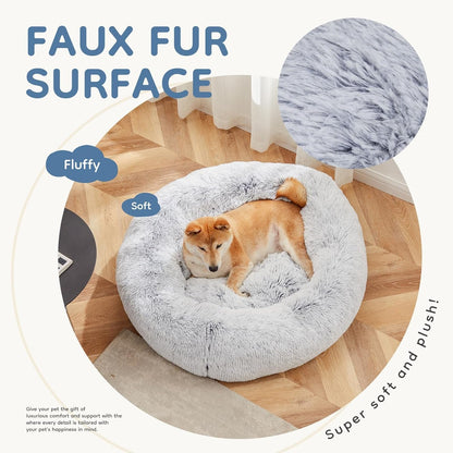 DUMOS 30.7 Inch Donut Dog Bed, Faux Fur Plush, Grey | Machine Washable Cuddler Warming Cozy Fluffy Faux Fur Plush round Pet Bed, Anti-Slip Bed for Indoor Dogs and Cats3