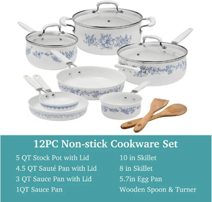 Pioneer Woman Style Agatha 12-Piece Aluminum & Ceramic Classic Cookware Set Blue3