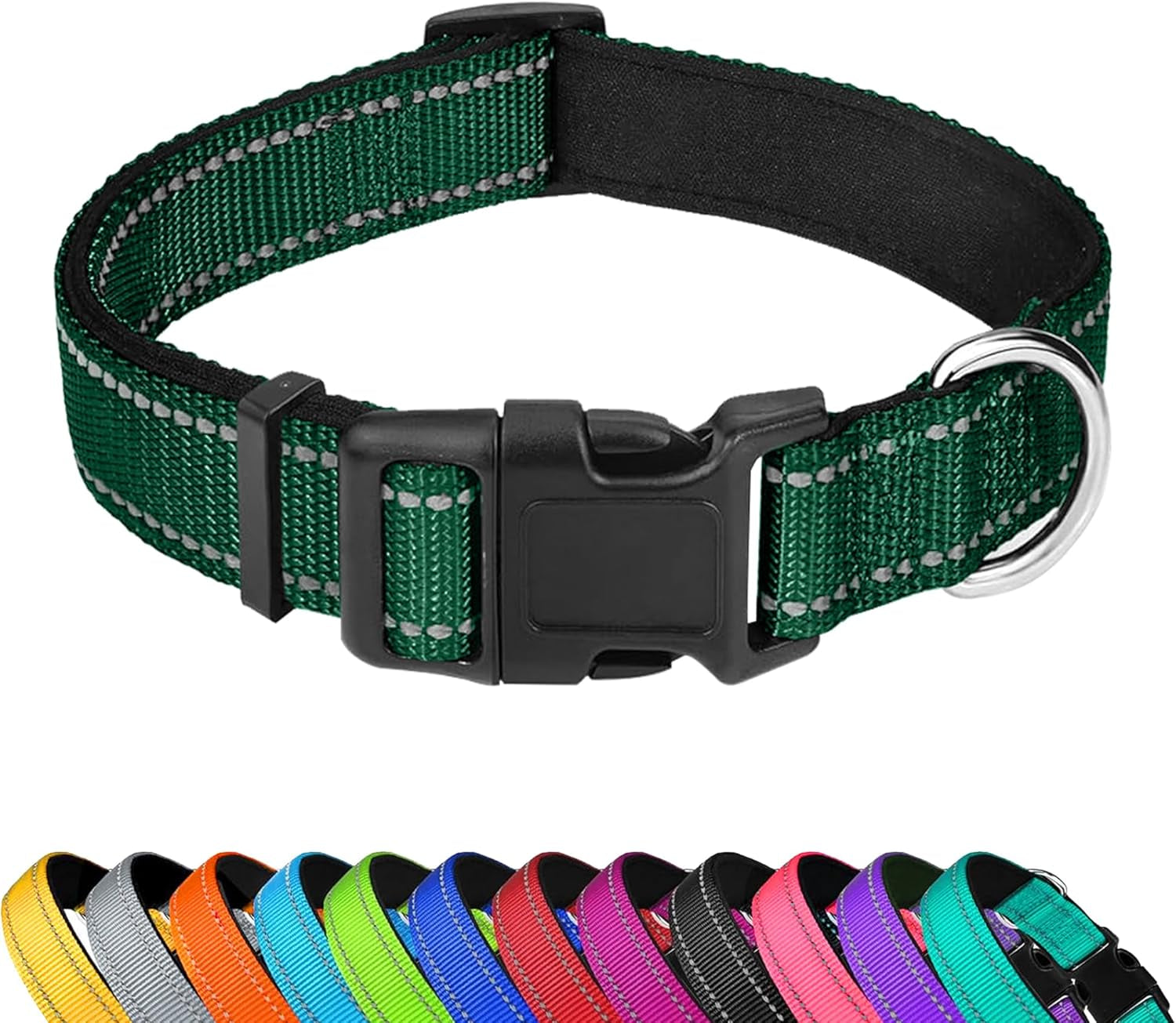 reflective-dog-collar-adjustable-soft-neoprene-padded-teal-m-breathable-nylon-for-medium-dogs-tear-resistant-webbing-chafe-free-on-walks-and-hikes-metal-d-ring-night-safety