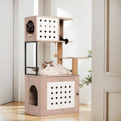 Cat Tree & Litter Box Enclosure,Modern All-In-One Indoor Cats Tower with Large Platform, Cat Condo with Wood House, Food Station, Hammocks (23.6”)12