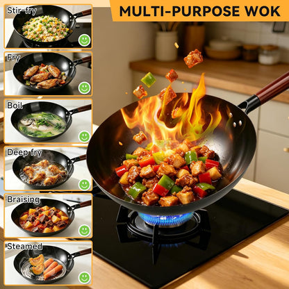 12” Carbon Steel Wok Pan with Lid, Woks & Stir-Fry Pans Nonstick, Pre-Seasoned Flat Bottom Wok for Induction Cooktop, Gas, Electric Stove, Halogen, BBQ & Camping, Open Fire3